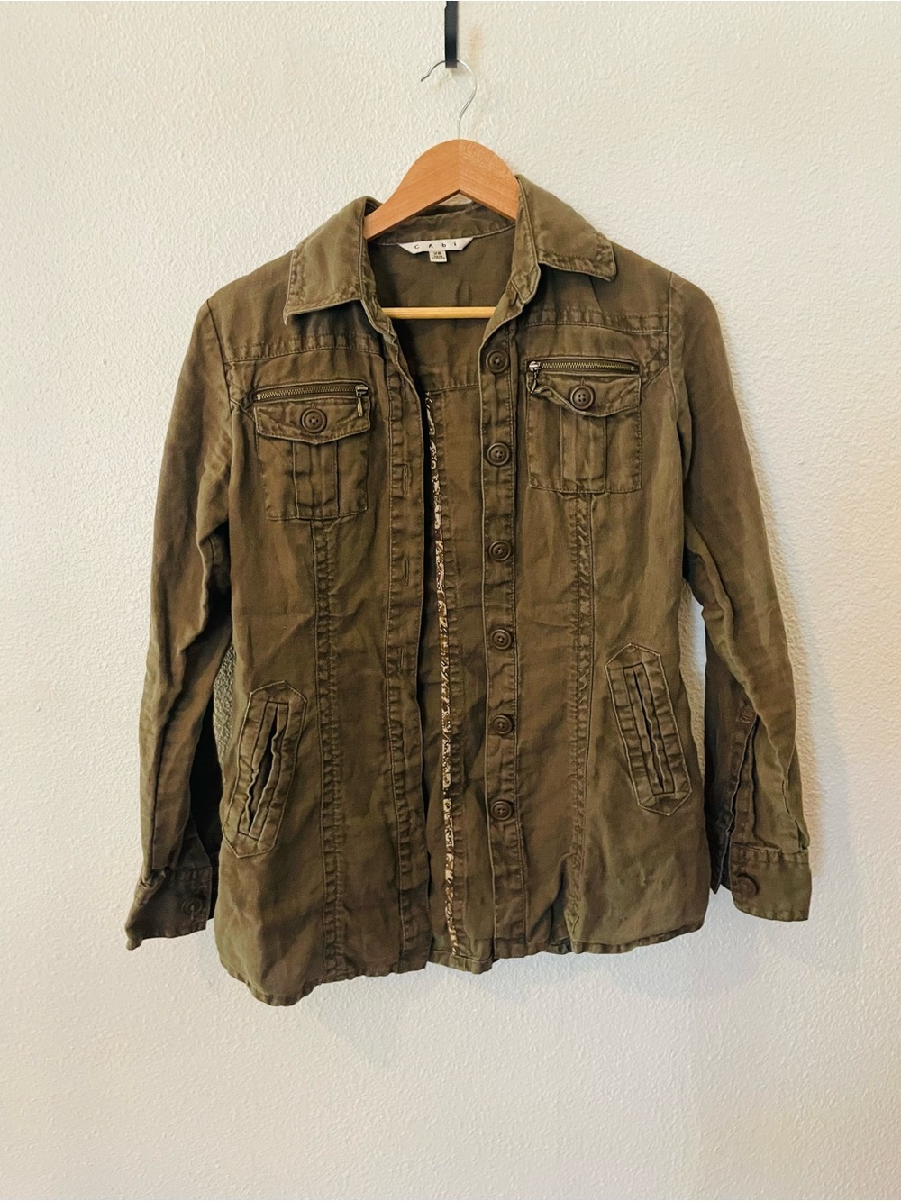 CAbi Vintage Sahara Utility Jacket Olive Green 100% Linen Size XS